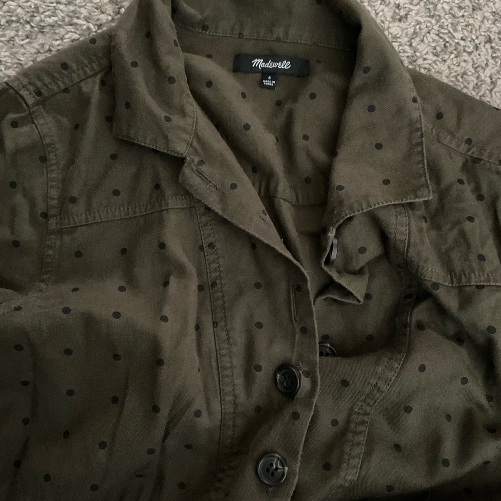Madewell Olive Green long sleeve Button-Up distressed hemline shorts Jumpsuit- 6 - Picture 6 of 7